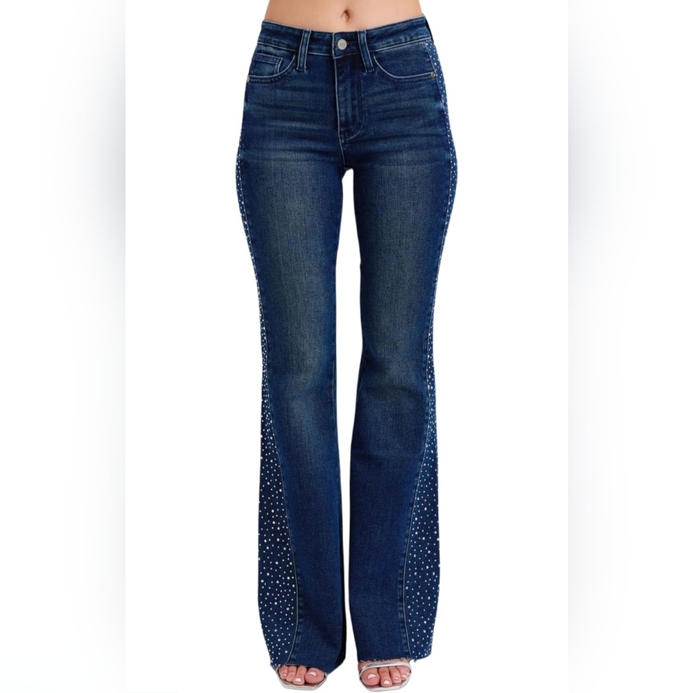 Judy Blue High Rise Dark Wash Rhinestone Side Panel Flare Jeans Raw Hem 9/29 NEW - Picture 3 of 14